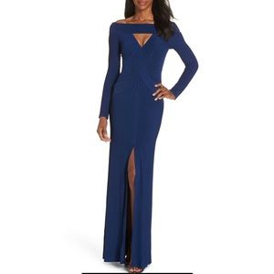 TADASHI SHOJI Midnight Navy Blue LIVIA Pintuck Off Shoulder Jersey Gown